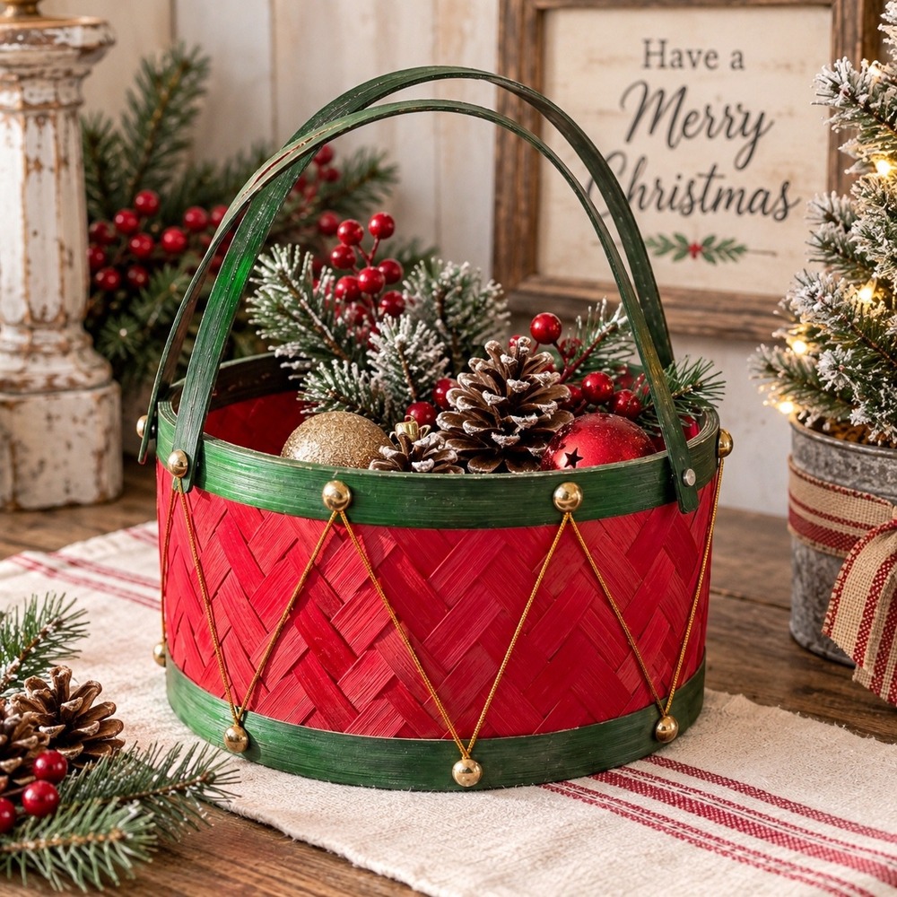 Vintage Christmas Drum Basket Woven Bamboo Red Green Holiday Decor Gift Hamper